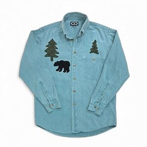 Three Rivers North Woods Teal Denim Shirt with Trees and Black Bear Size Small